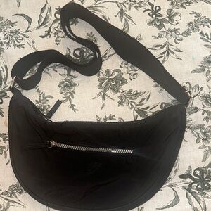 Black Crescent Crossbody Bag with Silver Zip